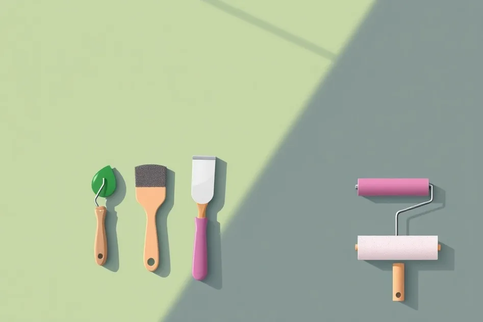 Outils de peinture disposés dans l'ordre des étapes du chantier