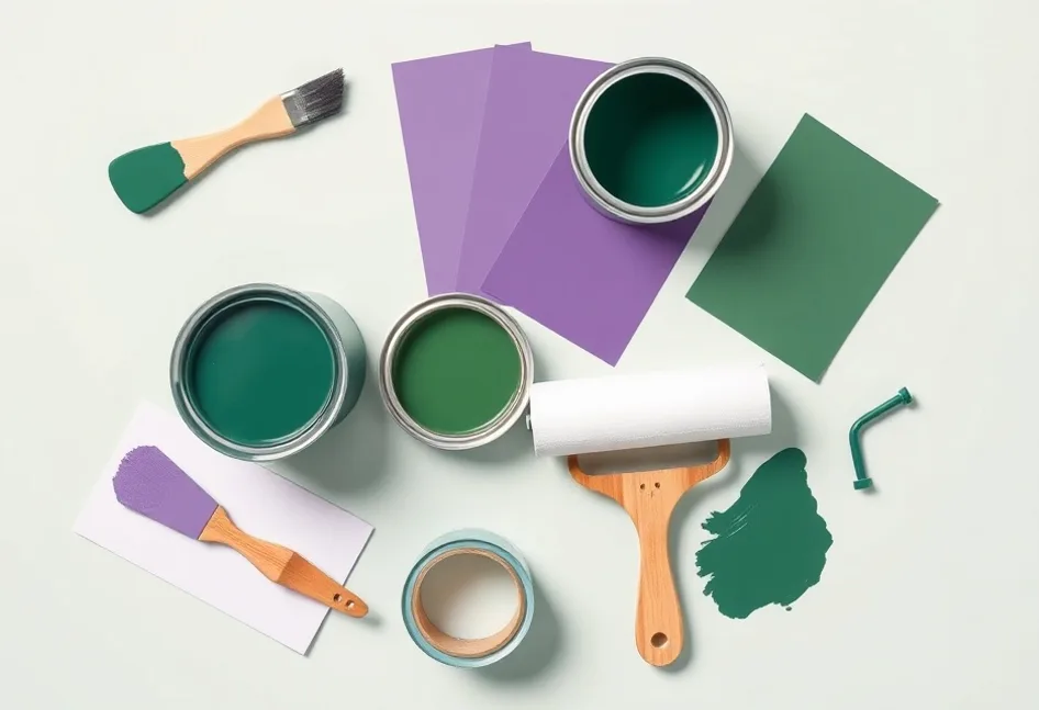 Pots de peinture, nuancier, brosses et rouleaux disposés à plat