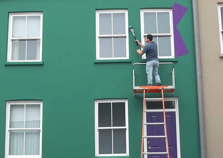 Peintre sur échafaudage traitant la façade d'une maison