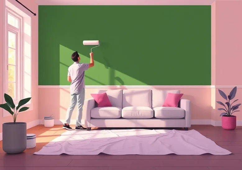 Peintre appliquant la peinture au rouleau sur un mur de salon